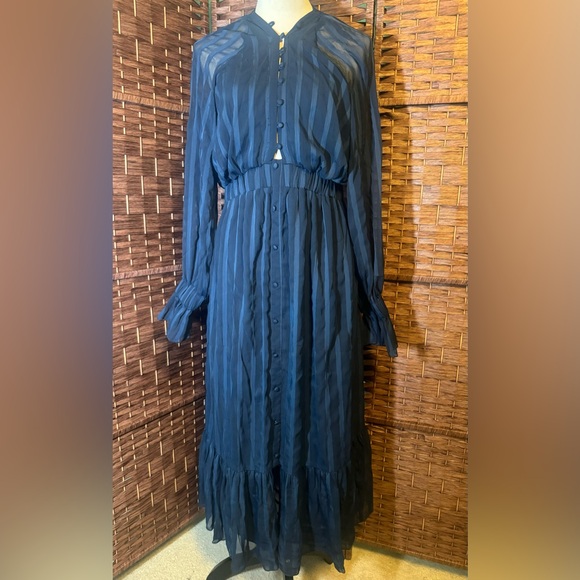 ASOS Dress Blue Pin Strip Sz 10 Sheer Overlay Long Sleeve Exposed Back ruffles - Picture 16 of 16